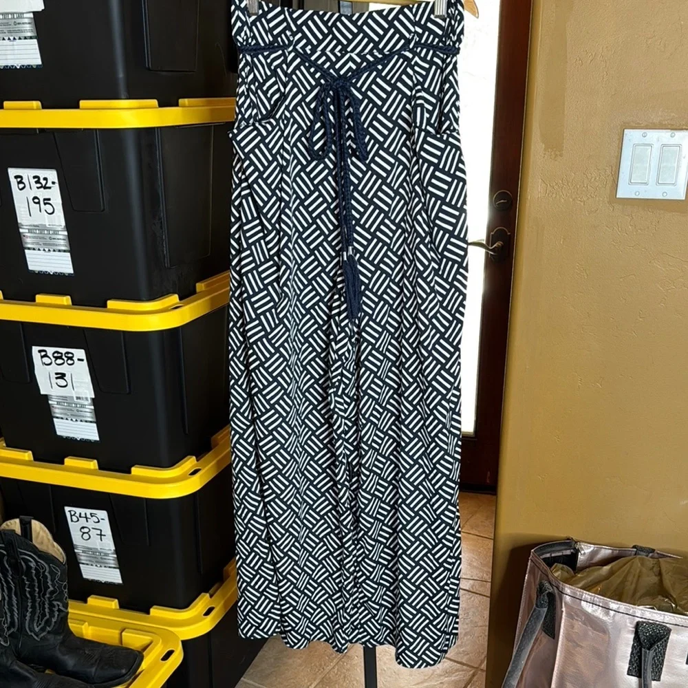 Zara Trafaluc Navy White Geometric Wide Leg Pants Tassel Tie Size Small